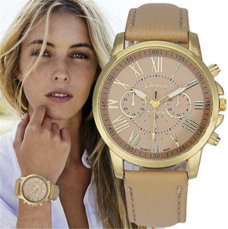 new fashion geneva women leather band stainless steel quartz analog wrist watch